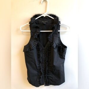 White House Black Market WHBM Sleeveless Ruffled Button Up Black Blouse